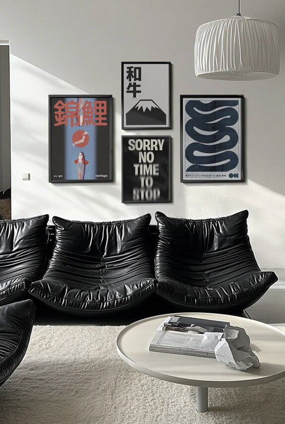 Black Sofa and with wall art prints